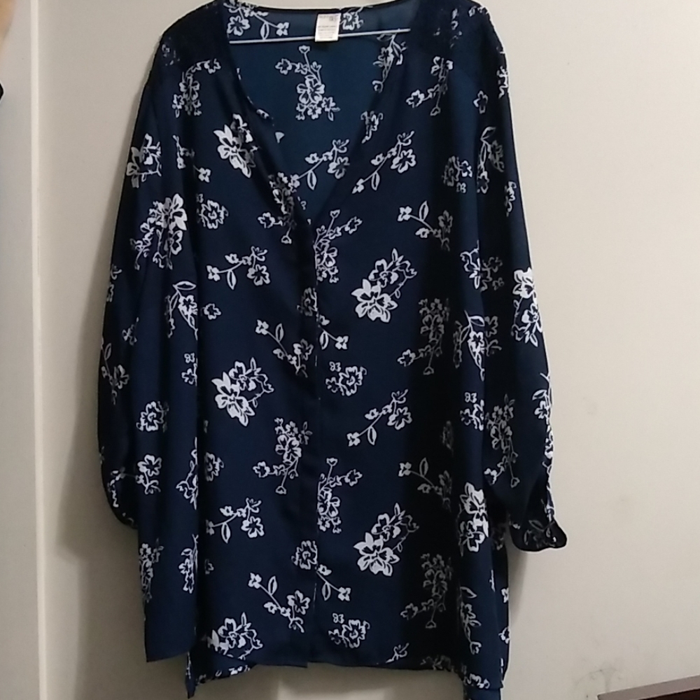 Terra & Sky Navy Blue Floral Blouse 3X